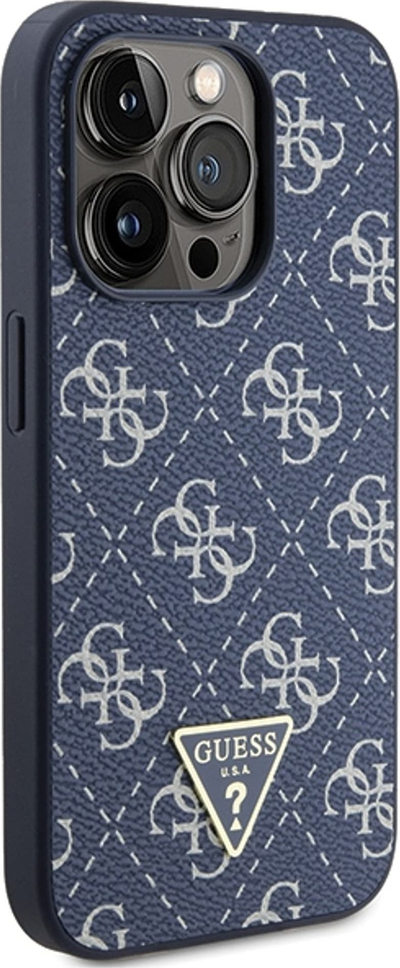 Mbulesë telefoni Guess 4G Triangle për iPhone 15 Pro Max, lëkurë eco, logo metal, blu e errët