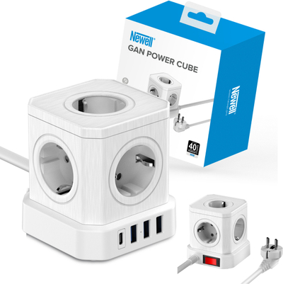 Shpërndarës energjie Newell GaN Power Cube 9‑në‑1, 5x AC, USB A dhe USB C, 1.5m, i bardhë