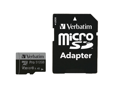 Kartë memorie microSDXC Verbatim Pro 512GB, UHS U3 A2, me adapter SD, e zezë