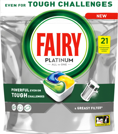 Kapsula për enëlarëse Fairy Platinum Lemon, 21 copë, erë limoni