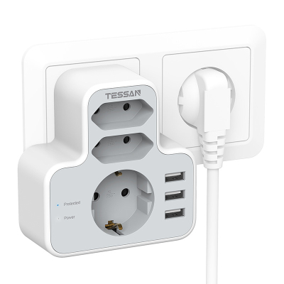 Prizë murale smart Tessan TS-327, 3x AC, 3x USB, e bardhë