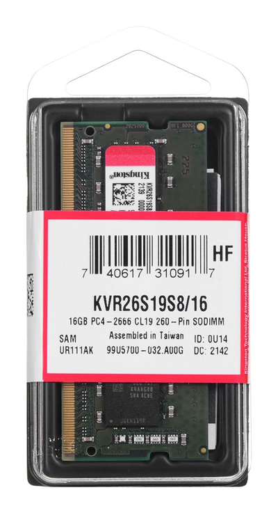 Рам меморија Кингстон KVR26S19S8/16, 16GB DDR4, 2666MHz, зелена