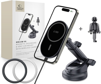 Mbajtëse magnetike telefoni Tech-Protect MM15W-V6, MagSafe, wireless 15W, e zezë