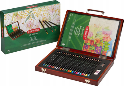 Артистички сет Derwent Academy Wooden Box, 27 парчиња, моливи во боја и пастели, кутија од природно дрво
