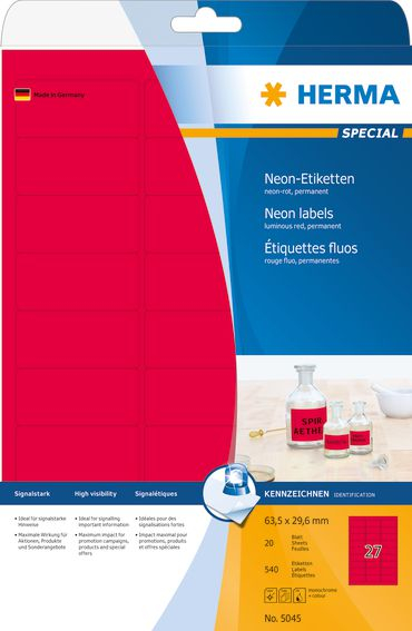 Etiketa ngjitëse Herma Color Labels 5045, A4, 63.5x29.6mm, 540 copë, të kuqe