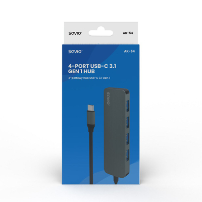 Hub USB-C Savio AK-54, 4x USB-A, USB 3.2 Gen 1, gri