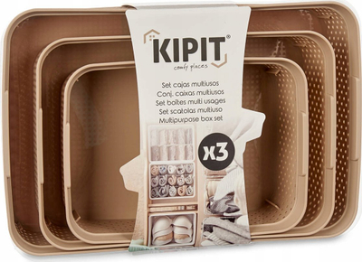 Set me shporta plastike ruajtjeje Kipit, 3 copë, drejtkëndore, bezhë