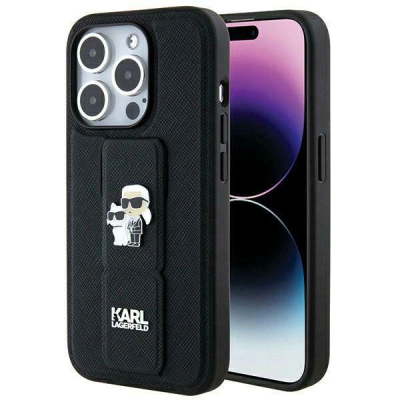 Mbrojtëse telefoni Karl Lagerfeld Gripstand Saffiano Karl &amp; Choupette, për iPhone 14 Pro 6.1", me rrip mbajtës, e zezë