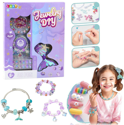Set bizhuterish për fëmijë Beauty Set, 48 copë, me rruaza dhe kapëse flokësh bisht sirene, shumëngjyrësh