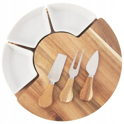 Set servirjeje ORION, dërrasë për prerje 28 cm akacie, 3 thika djathi inoks, enë qeramike