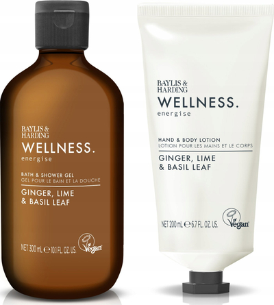 Set dhurate Baylis &amp; Harding Wellness Energise, xhel dushi 300 ml, locion për duar dhe trup 200 ml, erë xhenxhefil, limë edhe borzilok