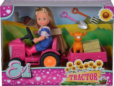 Set lodrash me kukull Simba Evi Love Farmer Girl, me traktor dhe rimorkio rozë