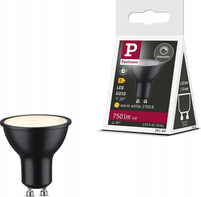 Llambë spot LED Paulmann Standard, GU10, 8W 750lm 2700K, e zezë