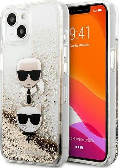 Капак за телефон Karl Lagerfeld Liquid Glitter Karl &amp; Choupette, за iPhone 13 Mini 5.4", тврда маска, златна боја