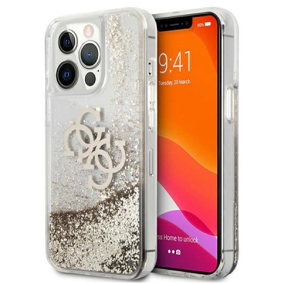 Kapak telefoni Guess Big 4G Liquid Glitter, TPU, për iPhone 13 Pro Max, transparent me të artë
