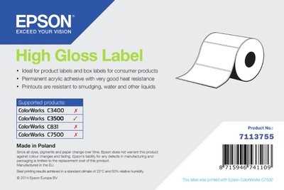 Ролна етикети Epson High Gloss Label Die Cut, 102mm x 152mm, 210 етикети, бела