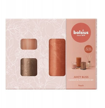 Set dhuratë aromatik Bolsius Home Sweet Home Peach, qirinj dhe difuzer, aromë pjeshke, ngjyrë pjeshke