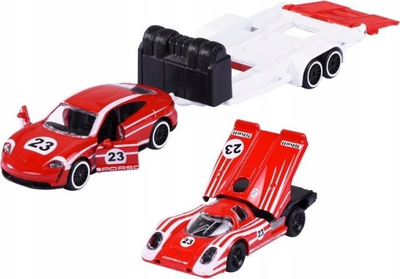 Set lodrash Majorette Porsche Taycan Turbo S 917, me rimorkio gare, metalik, i kuq