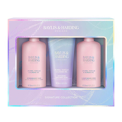 Set për trup Baylis & Harding Jojoba, Vanilla & Almond Oil, krem dushi 300 ml + qumësht për trup dhe duar 200 ml + sapun i lëngshëm për trup 300 ml