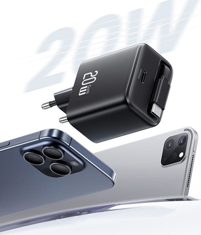 Karikues muri USAMS CC233, USB C 20W PD QC, kabllo USB C tërheqëse, i zi