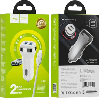Karikues makine HOCO Z40, 2 porta USB 2.4A, me kabllo Micro USB, i bardhë