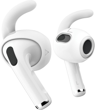 Mbajtëse silikoni për kufje KeyBudz EarBuddyz për AirPods 4th Gen, me madhësi të ndryshme, të bardha