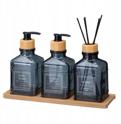 Set banjo Bathroom Solutions, 2 dozatorë xhami, difuzer me shkopinj, tabaka bambuje, blu e errët