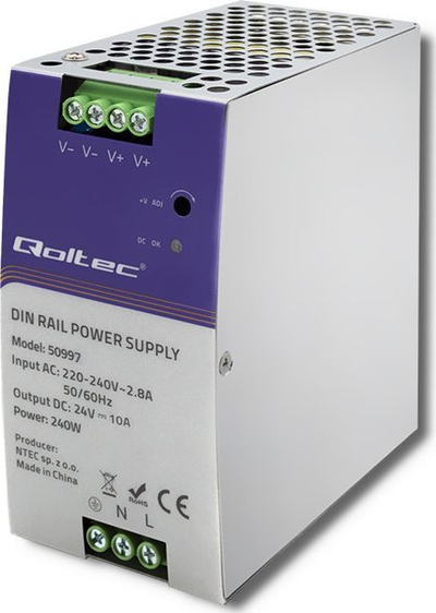 Furnizim energjie Qoltec për shinë DIN, 240W, 24V 10A, gri