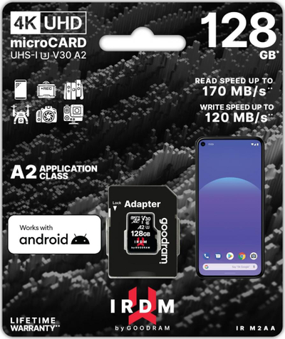 Kartë memorie microSD Goodram IRDM M2AA, 128GB, UHS-I A2 V30, e zezë
