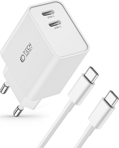 Karikues rrjeti Tech-Protect C35W, 2 porta USB-C PD 35W, me kabllo USB-C 1m, i bardhë