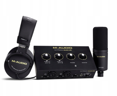 Pako prodhimi muzike M-Audio M-Track Duo HD Producer Pack, ndërfaqe audio USB, mikrofon dhe kufje studio, e zezë