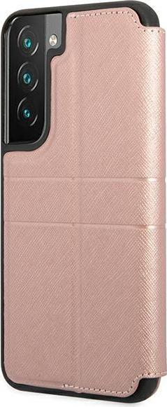 Флип футрола Guess Saffiano Stripes за Galaxy S22 Plus, со џебови за картички, розова