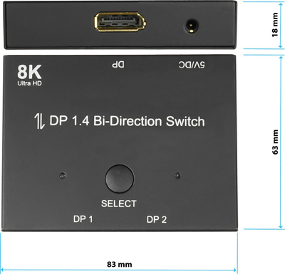 Ndarës DisplayPort Alcasa, 2 porta, 8K 30Hz, i zi