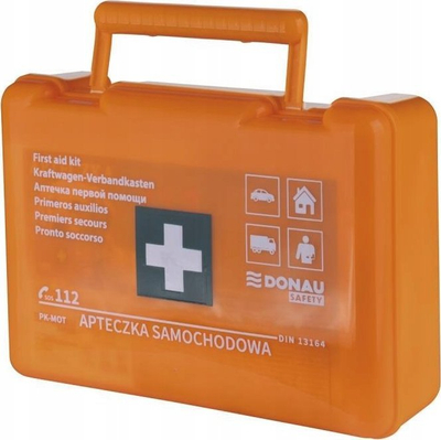 Komplet ndihme e parë për makinë DONAU SAFETY, standard DIN 13164, kuti plastike portokalli