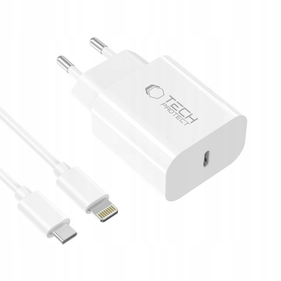 Karikues rrjeti Tech-protect NC20W, 20W PD, 1x USB C me kabllo Lightning, i bardhë