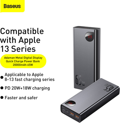 Baseus Adaman Metal Power Bank, 20000 mAh, 65W, Black