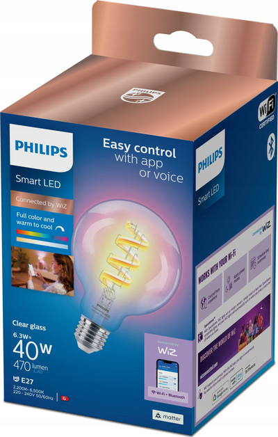 Llambë smart Philips WiZ Filament Clear G95, LED 6.3W, E27, RGB, transparënte