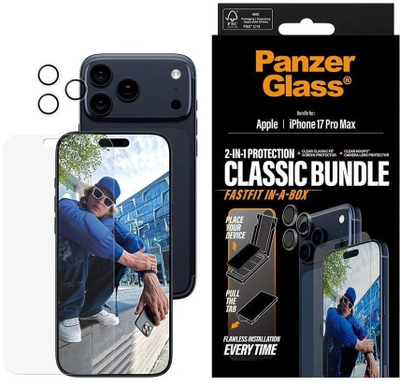 Заштитен сет PanzerGlass Classic 2 in 1 за iPhone 17 Pro Max, FASTFIT in a Box, проѕирен