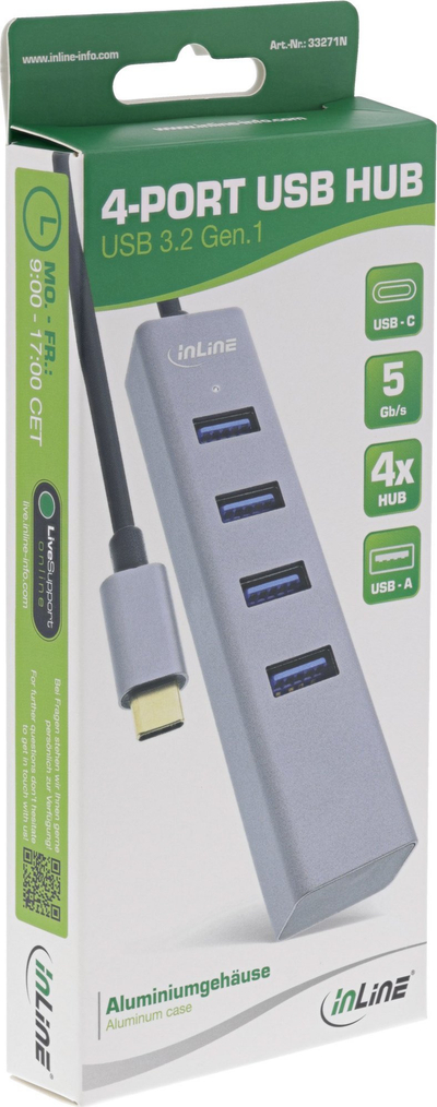 HUB USB InLine USB 3.2 Gen1 Type C, 4x USB A 5Gbps, OTG, metalik argjendi