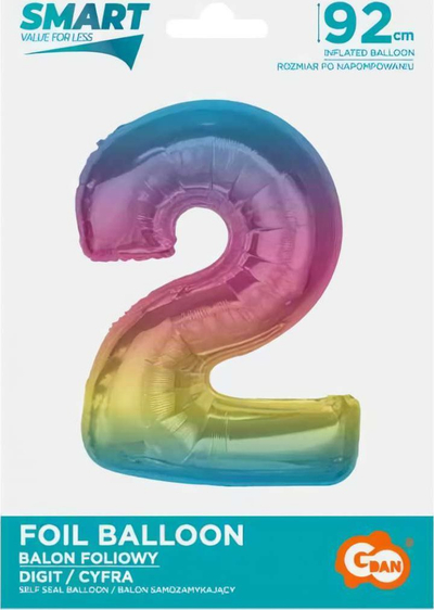 Balon numër Rainbow, 2, folie, 92 cm, shumëngjyrësh