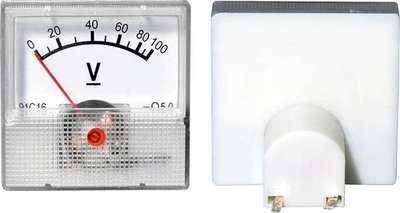 Voltmetër analog mini AC/DC 0 100V, panel katror, i bardhë