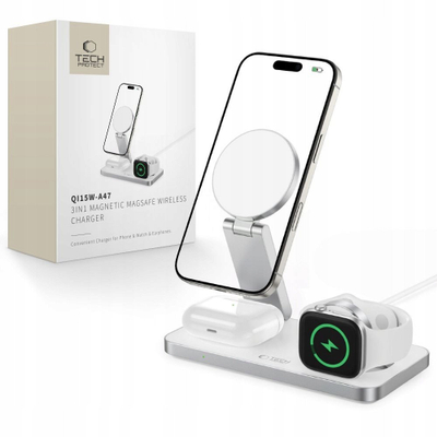 Безжичен полнач Tech-Protect QI15W-A47 3in1 MagSafe, 15W, бел