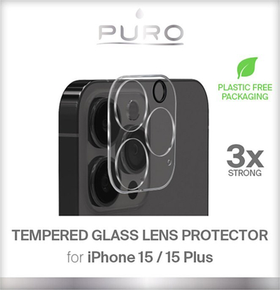 Qelq mbrojtës për kamera Puro Tempered Glass, për iPhone 15 Pro dhe 15 Pro Max, i tejdukshëm