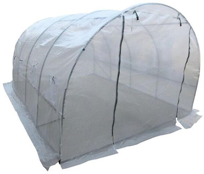 Serrë kopshti Greenhouse, konstruktion harkor, mbulesë plastike transparente, e bardhë
