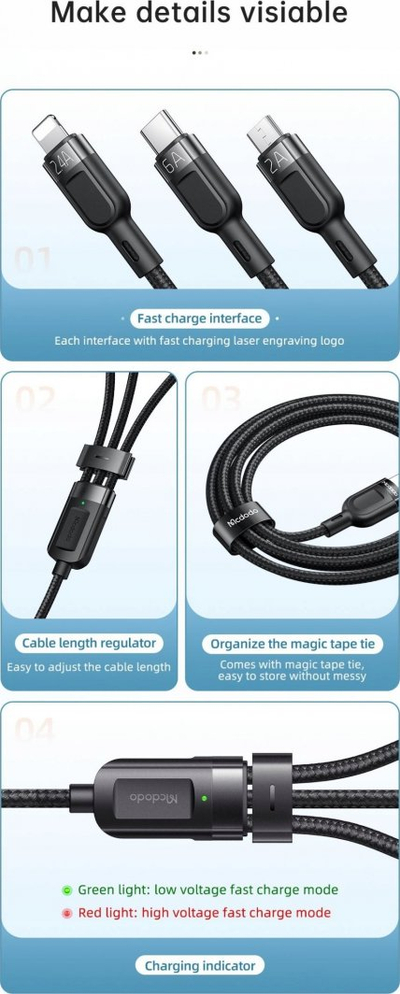 Kabllo karikimi Mcdodo CA-0930 3in1, USB-C Lightning Micro USB, 6A 65W, 1.2m, e zezë
