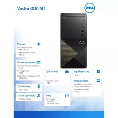 Kompjuter desktop Dell Vostro 3030 MT, Intel Core i7 14700, 16GB RAM, 1TB SSD, i zi