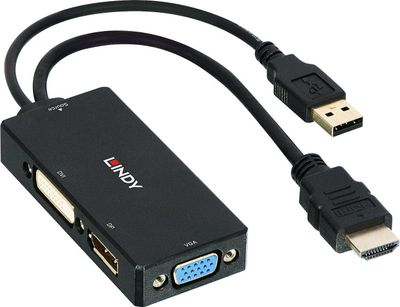 Konvertor video Lindy HDMI, në DisplayPort, DVI edhe VGA, 4K, i zi