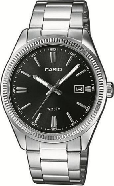 Orë dore Casio MTP-1302D-1A1, analog, çelik inox, me shirit argjendi, me display të zi