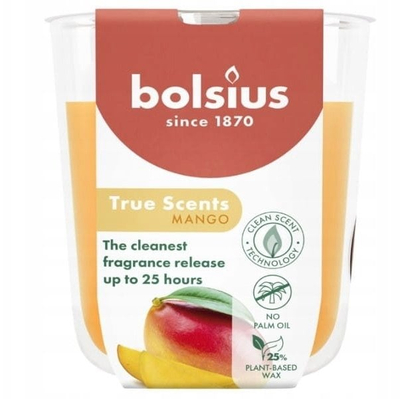 Qiri me aromë Bolsius True Scents Mango, 25 orë djegie, në gotë xhami, portokalli