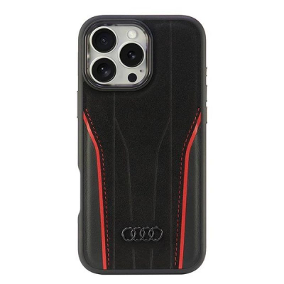Mbulesë telefoni Audi me lëkurë origjinale, për iPhone 16 Pro Max 6.9", MagSafe, e zezë me të kuqe